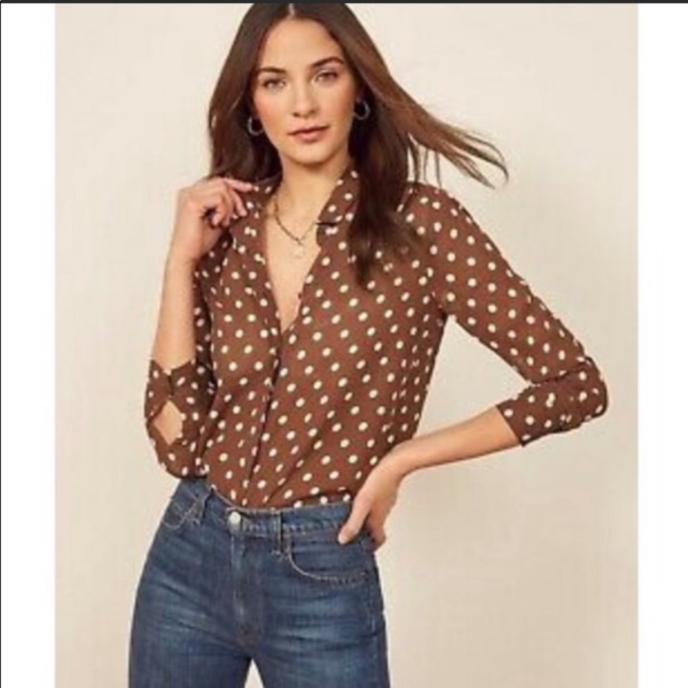 reformation violet polka dot blouse